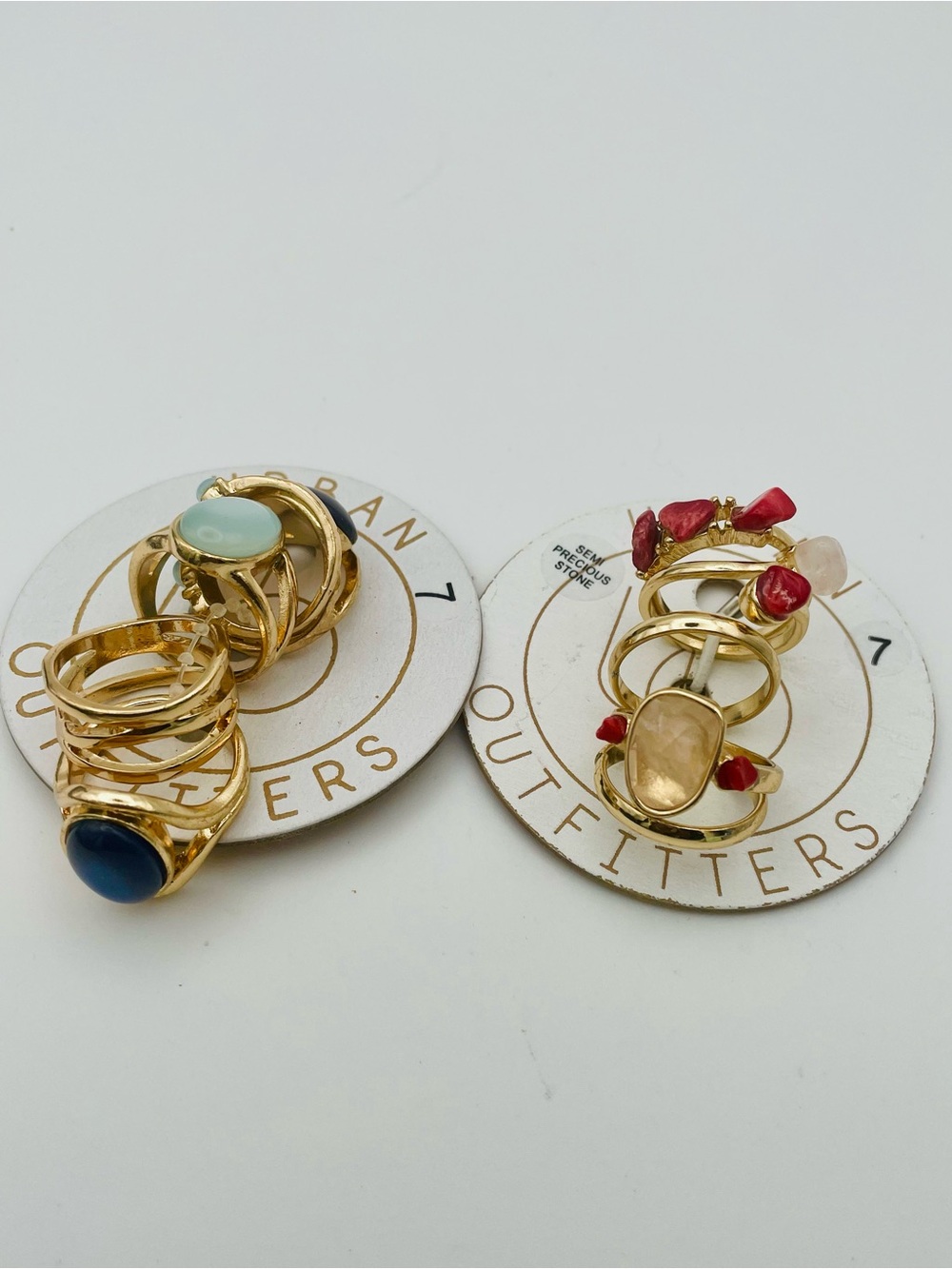 Urban Outfitters 2 Gold Stackable Ring Sets. One Blue, Mint & Red Stones. Size 7